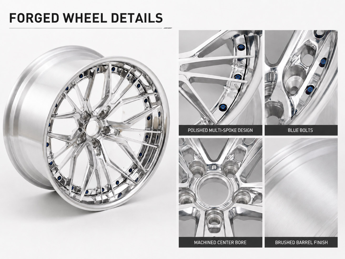 Custom forged wheel details with polished spokes and brushed barrel finish