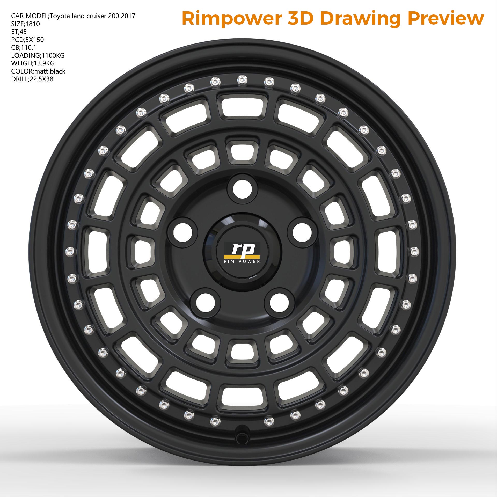 RimPower custom forged wheel 3D preview image with confirmed fitment specifications
